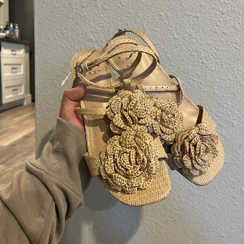 Beige Floral Kitten Heel Sandals